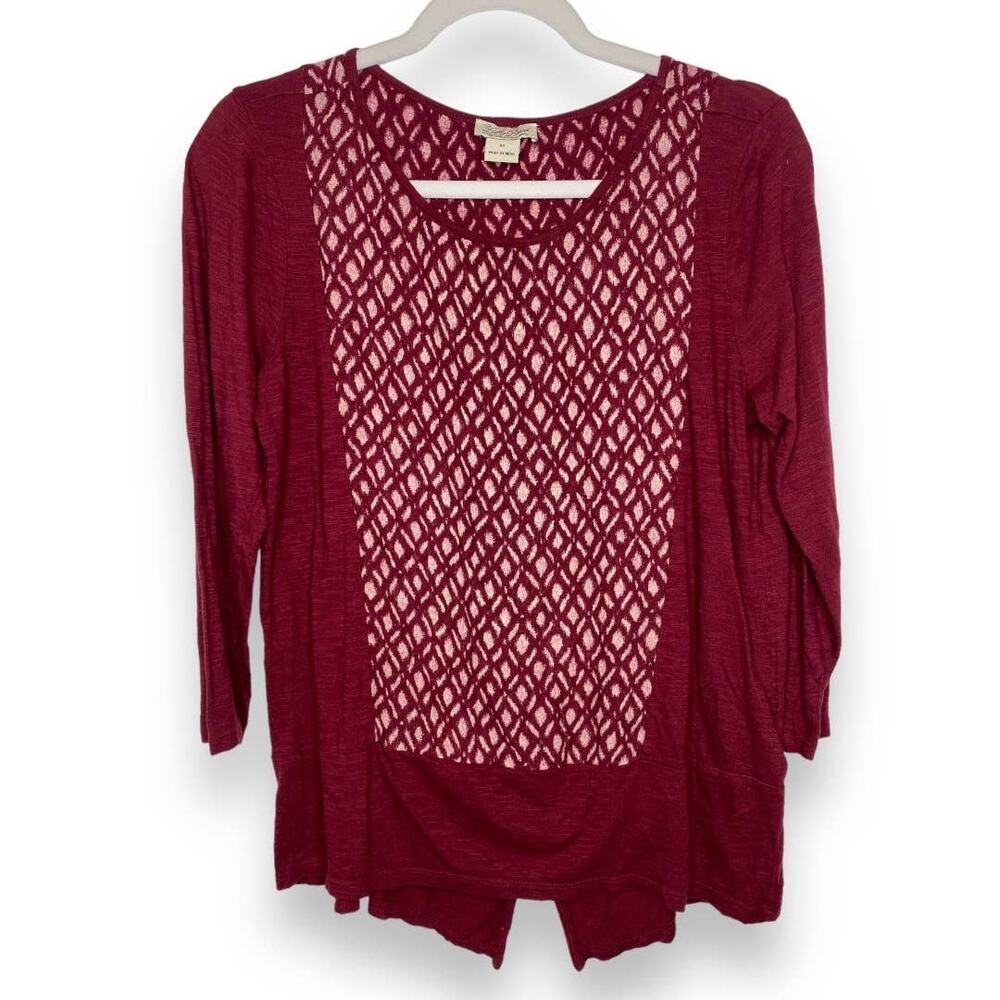 Lucky Brand Burgundy Boho Floral Hi-Lo Stretch Hi-Lo 3/4 Sleeve Shirt Medium